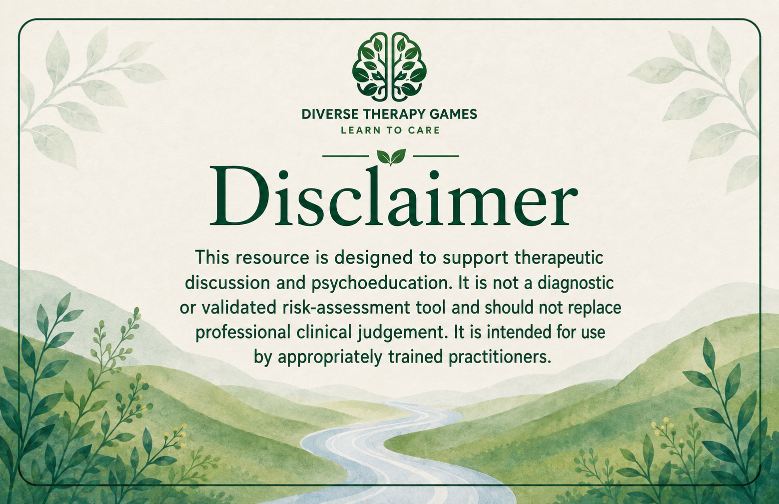 Diverse Therapy Games clinical-use disclaimer