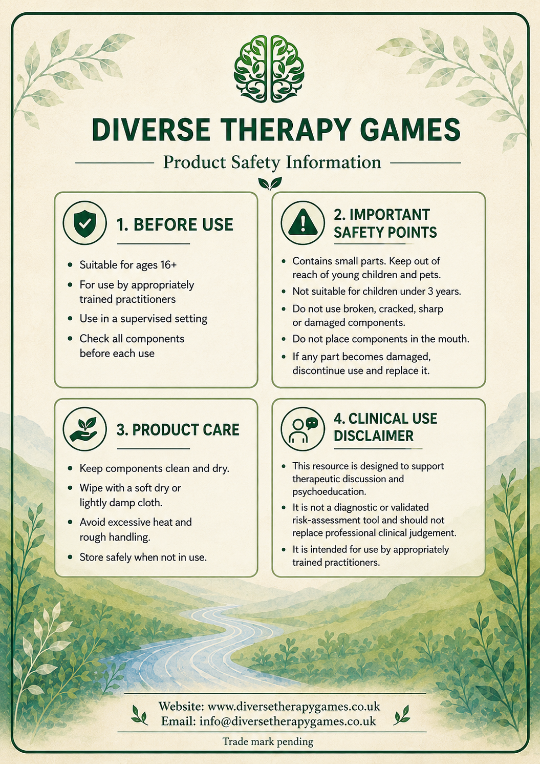Diverse Therapy Games product safety information sheet