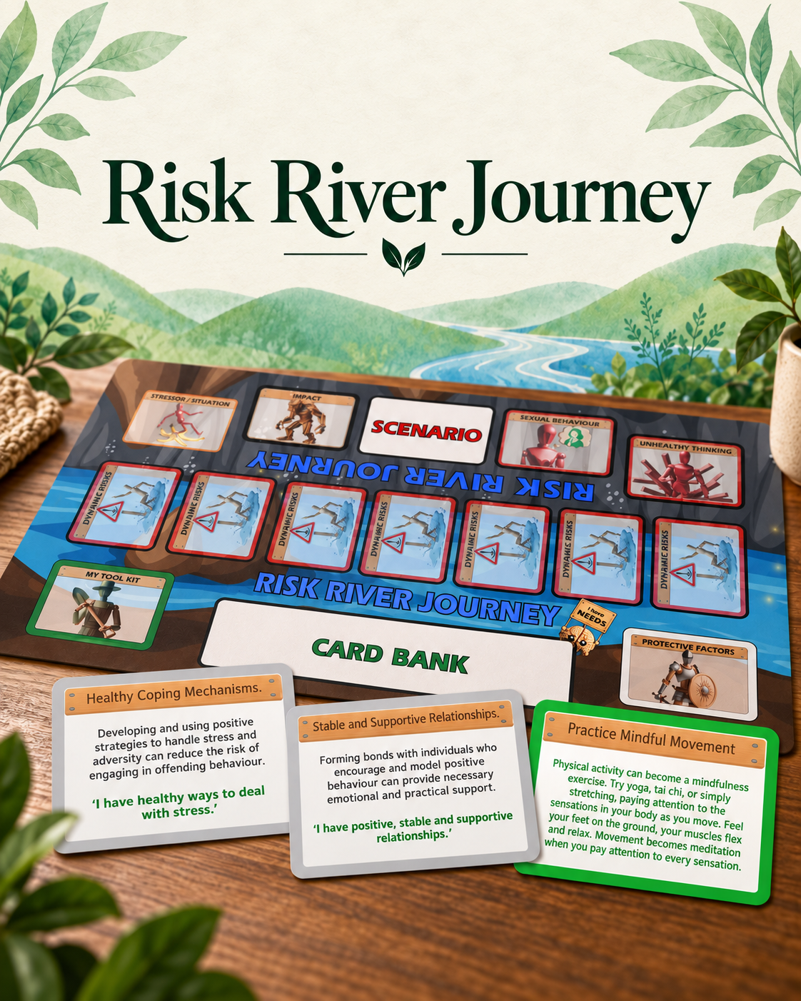 Risk River Journey game mat with positive coping, supportive relationships and mindful movement cards
