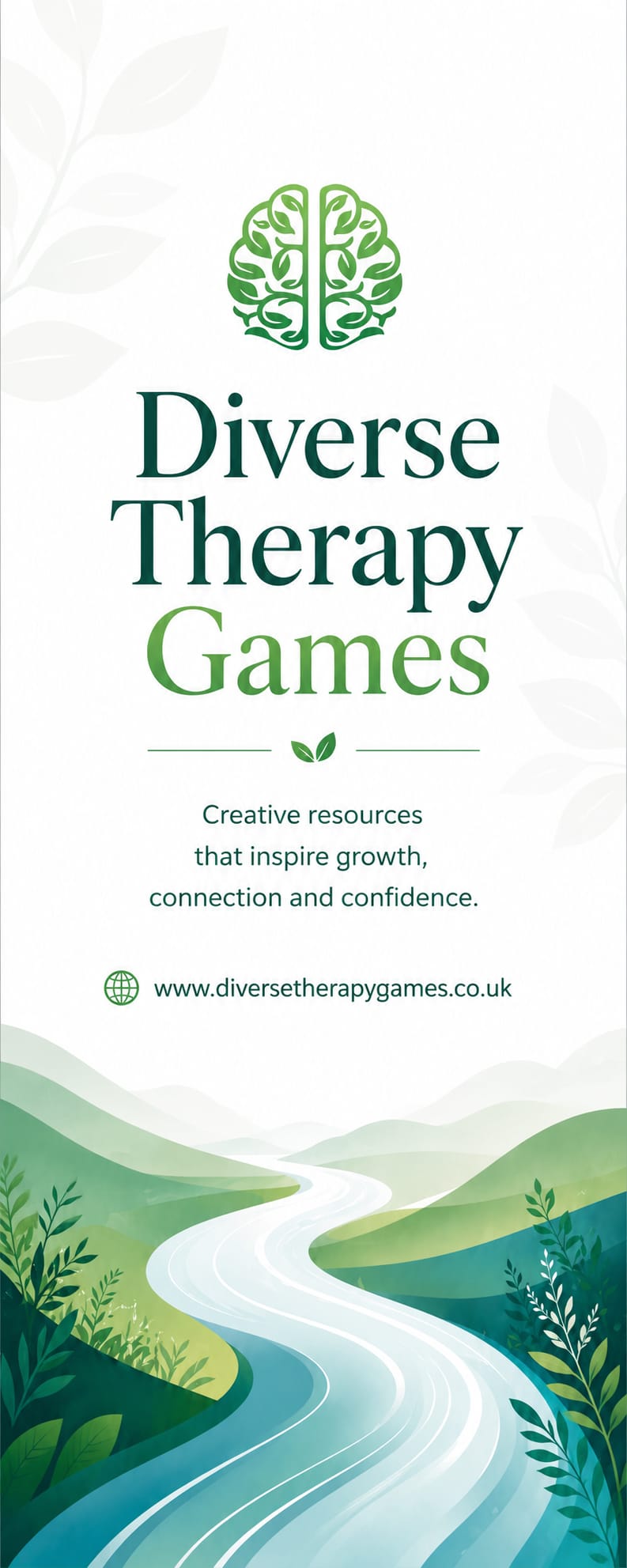 Diverse Therapy Games brand banner with a winding river landscape