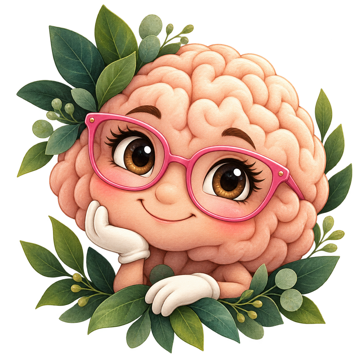 Judith's brain mascot with pink glasses