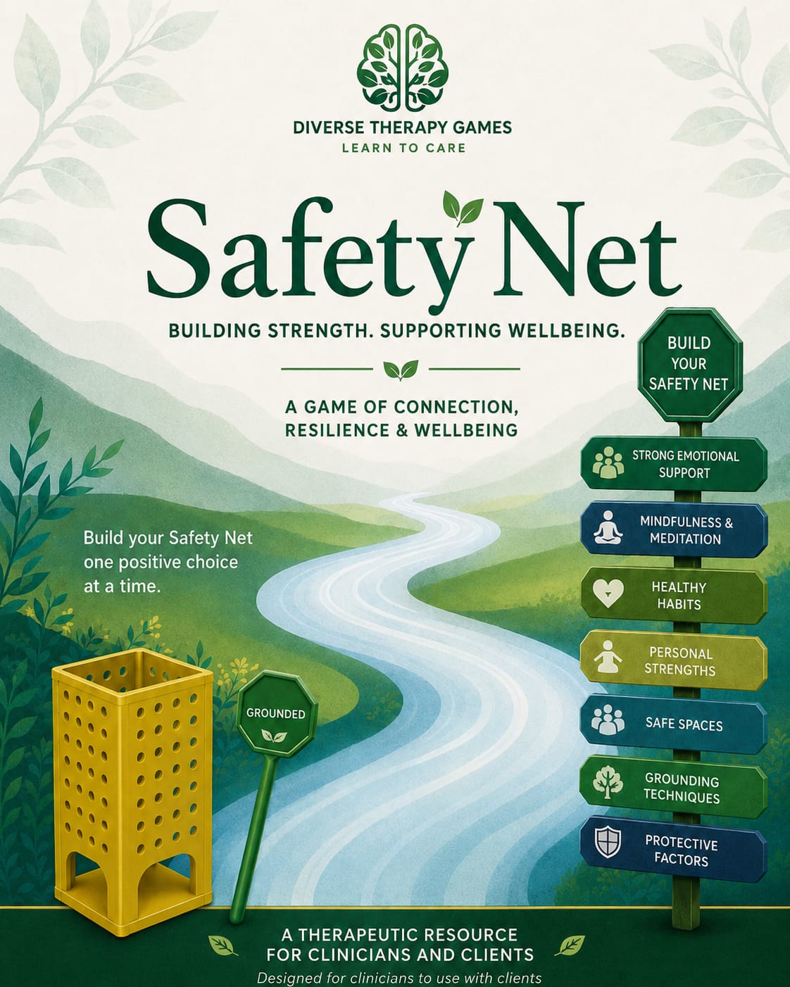 Safety Net therapeutic resource with protective-factor signs and a yellow game tower